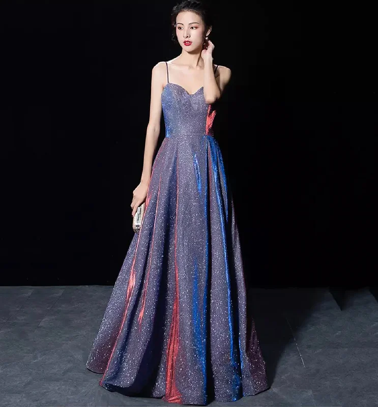 Beautiful blue prom dresses for elegance-Shiny satin long A line prom dress simple evening dress 8588