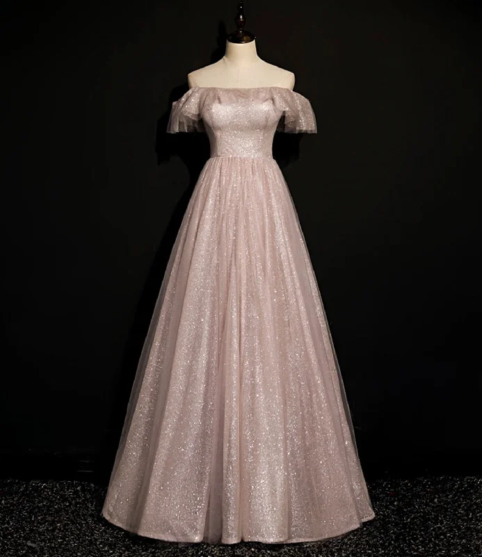 Stylish satin and lace prom dresses-Shiny tulle sequins long A line prom dress evening dress  8700