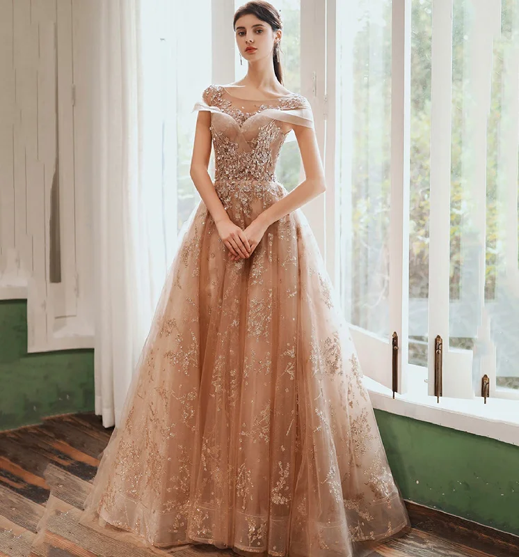 Prom dresses for dates-Shiny tulle sequins long prom dress formal dress  8977