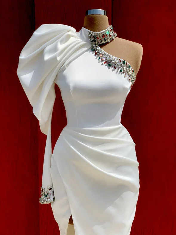 Trendy prom dresses for modern girls-Shiny White Dress with Puffy Sleeve gh2009