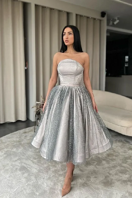Formal prom gowns for high-end events-Silver Strapless A-Line Short Prom Dress With Sequins gh658 Formal prom gowns for high-end events-Silver Strapless A-Line Short Prom Dress With Sequins gh658