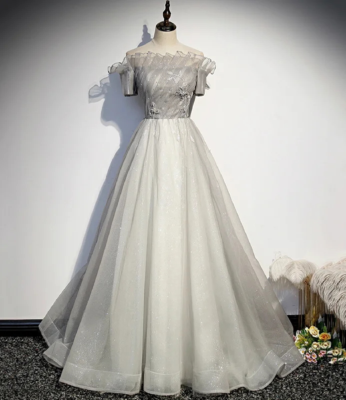 V-neck prom dresses for an elegant style-Silver tulle long ball gown dress formal dress 8598 V-neck prom dresses for an elegant style-Silver tulle long ball gown dress formal dress 8598