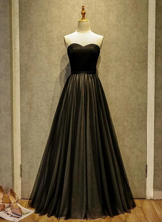 Prom dresses for cocktail parties-Simple Black Sweetheart A-Line Long Tulle Party Dress, Black Evening Gown gh173 Prom dresses for cocktail parties-Simple Black Sweetheart A-Line Long Tulle Party Dress, Black Evening Gown gh173