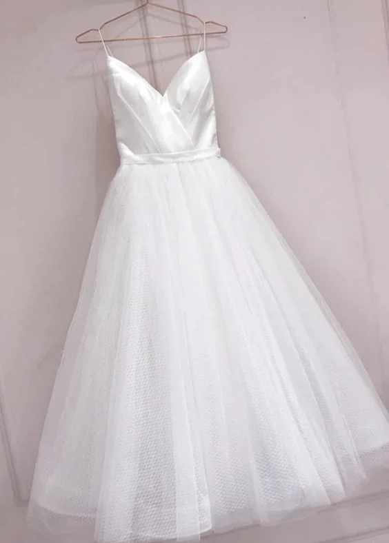 Prom dresses fashion trends-Simple White Tulle With Satin V-Neckline Tea Length Wedding Dress, Simple White Party Dress gh246