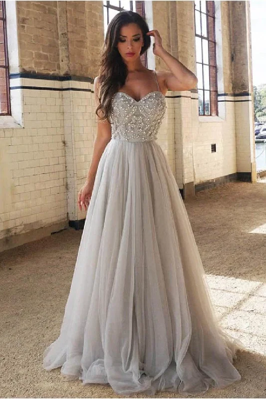 Satin prom dresses with sleek finish-Spaghetti Straps Beaded Bodice Prom Dresses A Line Tulle Sweep Train gh2253 Satin prom dresses with sleek finish-Spaghetti Straps Beaded Bodice Prom Dresses A Line Tulle Sweep Train gh2253