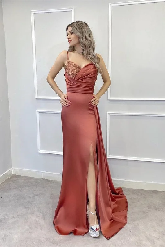 Prom dresses with hearts-Spaghetti-Straps Beadings Long Mermaid Prom Dress Split With Ruffles gh758 Prom dresses with hearts-Spaghetti-Straps Beadings Long Mermaid Prom Dress Split With Ruffles gh758