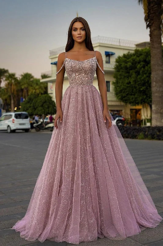 Prom dresses with intricate beading-Spaghetti-Straps Tulle A-Line Long Prom Dress With Sequins Beads gh661 Prom dresses with intricate beading-Spaghetti-Straps Tulle A-Line Long Prom Dress With Sequins Beads gh661