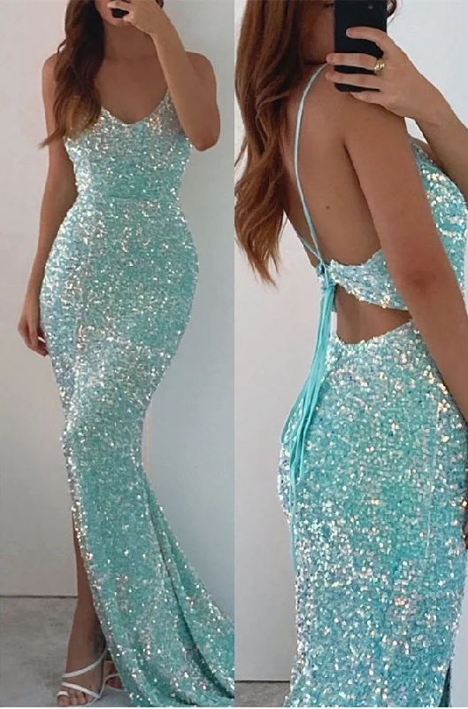 Prom dresses for dates-Spaghetti-Straps V-Neck Long Mermaid Prom Dress Split With Sequins gh770 Prom dresses for dates-Spaghetti-Straps V-Neck Long Mermaid Prom Dress Split With Sequins gh770