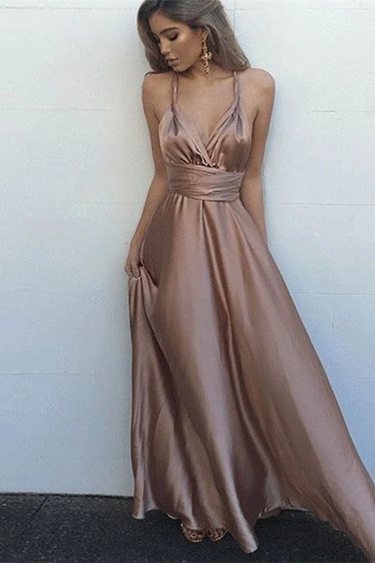 Satin prom dresses for luxurious feel-Spaghetti-Straps V-Neck Prom Dress gh689