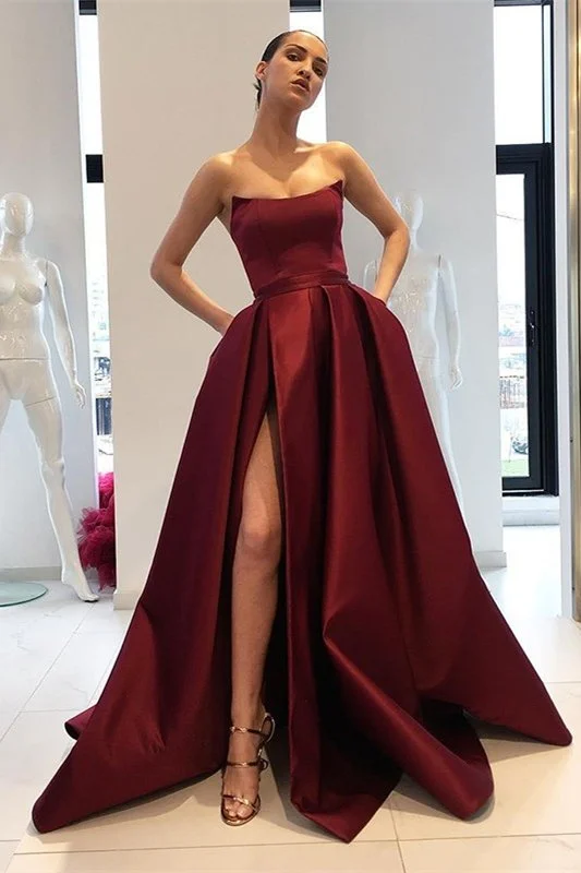 Pretty prom dresses with pleats-Strapless Burgundy Mermaid Prom Dress With Split gh644 Pretty prom dresses with pleats-Strapless Burgundy Mermaid Prom Dress With Split gh644