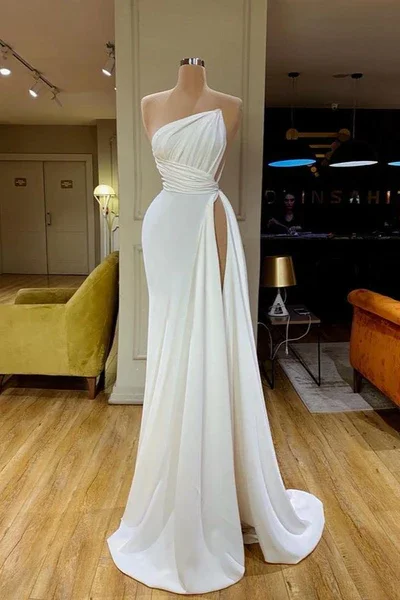 Stylish prom dresses with pleats-STRAPLESS CREAMY WHITE HIGH-SPLIT PLEATED LONG PROM DRESS gh1091 Stylish prom dresses with pleats-STRAPLESS CREAMY WHITE HIGH-SPLIT PLEATED LONG PROM DRESS gh1091