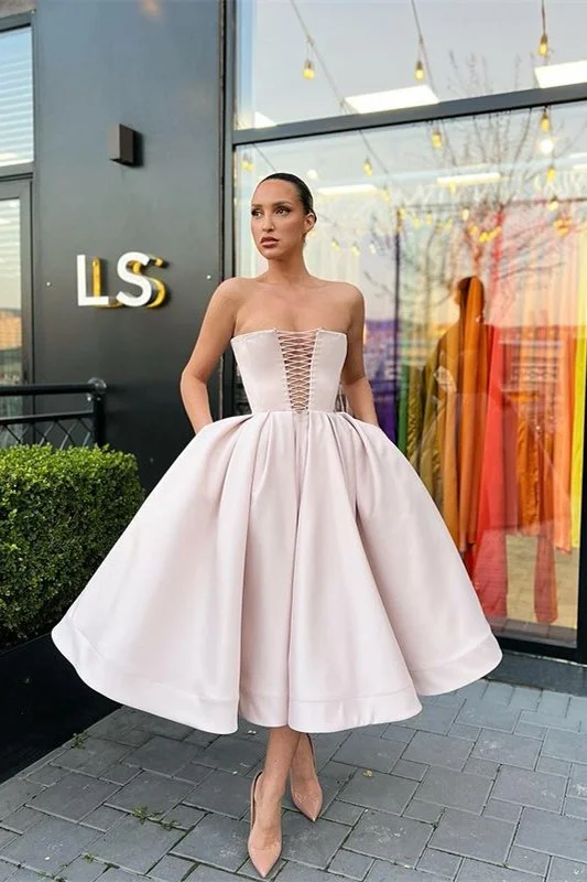 Prom dress outfit ideas-Strapless Short Prom Dress A-Line With Pockets gh789