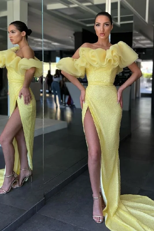 Prom dresses for summer weddings-Stunning Daffodil Off-the-Shoulder Mermaid Prom Dress Long Split Sequins gh1906 Prom dresses for summer weddings-Stunning Daffodil Off-the-Shoulder Mermaid Prom Dress Long Split Sequins gh1906