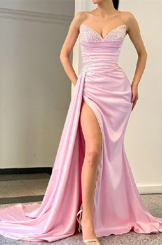 Pink satin prom dresses for a glamorous vibe-Stunning Sweetheart Sequins Mermaid Prom Dress Slit Long With Ruffles gh2031 Pink satin prom dresses for a glamorous vibe-Stunning Sweetheart Sequins Mermaid Prom Dress Slit Long With Ruffles gh2031