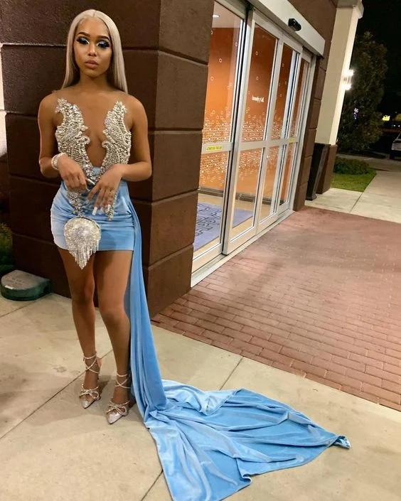 Prom dresses for spring break-tight blue mini homecoming dress party dress  gh1909