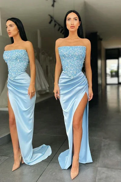 Elegant gowns for prom in satin-TRENDY SKY BLUE STRAPLESS SEQUIN TOP HIGH SPLIT PROM DRESS gh2044 Elegant gowns for prom in satin-TRENDY SKY BLUE STRAPLESS SEQUIN TOP HIGH SPLIT PROM DRESS gh2044