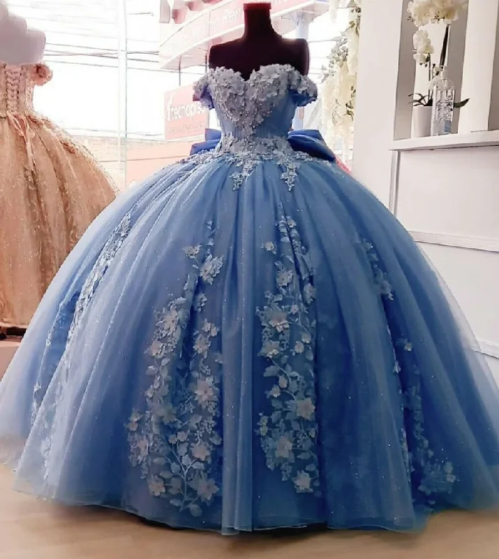 Elegant black tie prom dresses-Off Shoulder Ball Gown Quinceanera Dresses 3D Floral Applique Sweet 16 Gowns gh930 Elegant black tie prom dresses-Off Shoulder Ball Gown Quinceanera Dresses 3D Floral Applique Sweet 16 Gowns gh930