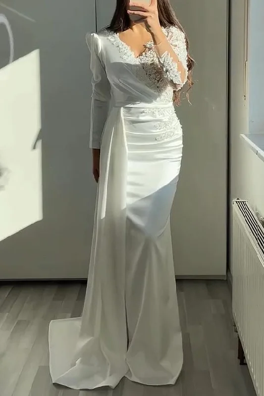 Prom dresses for Thanksgiving-V-Neck Long Sleeves Ruffle Mermaid Prom Dress With Lace Appliques gh742 Prom dresses for Thanksgiving-V-Neck Long Sleeves Ruffle Mermaid Prom Dress With Lace Appliques gh742