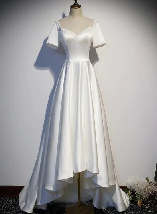 Prom dresses for St. Patrick's Day-White Simple Beaded Short Sleeves High Low Wedding Party Dress, White Party Dress gh58 Prom dresses for St. Patrick's Day-White Simple Beaded Short Sleeves High Low Wedding Party Dress, White Party Dress gh58