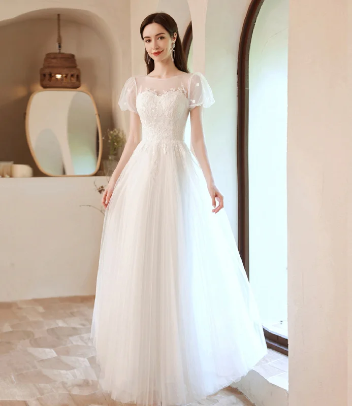 Sexy satin prom dresses for a sleek look-White tulle lace long prom dress A line evening gown 10057 Sexy satin prom dresses for a sleek look-White tulle lace long prom dress A line evening gown 10057