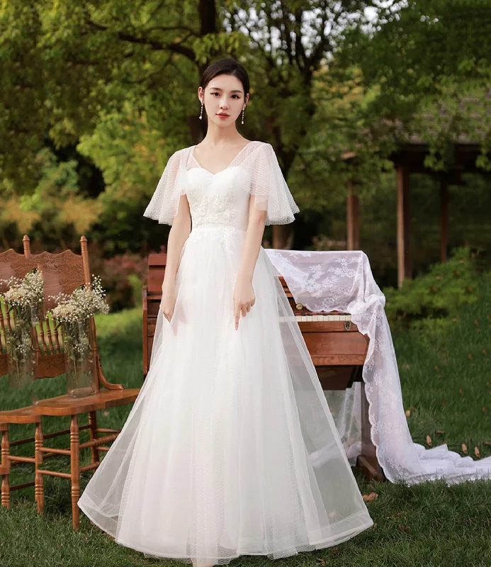 Casual prom dresses for laid-back style-White tulle long A line prom dress bridesmaid dress 8888 Casual prom dresses for laid-back style-White tulle long A line prom dress bridesmaid dress 8888