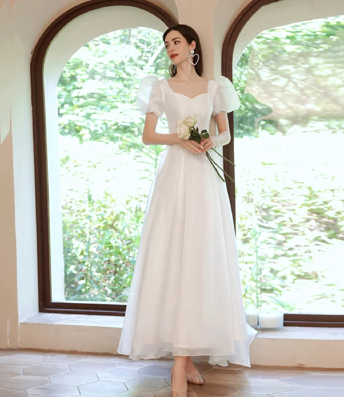 Beautifully embroidered prom dresses-White tulle tea length prom dress white evening dress 10143 Beautifully embroidered prom dresses-White tulle tea length prom dress white evening dress 10143