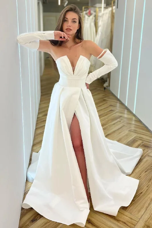 Prom dresses with floral prints-White V-Neck Long Sleeves A-Line Prom Dress With Split gh1932