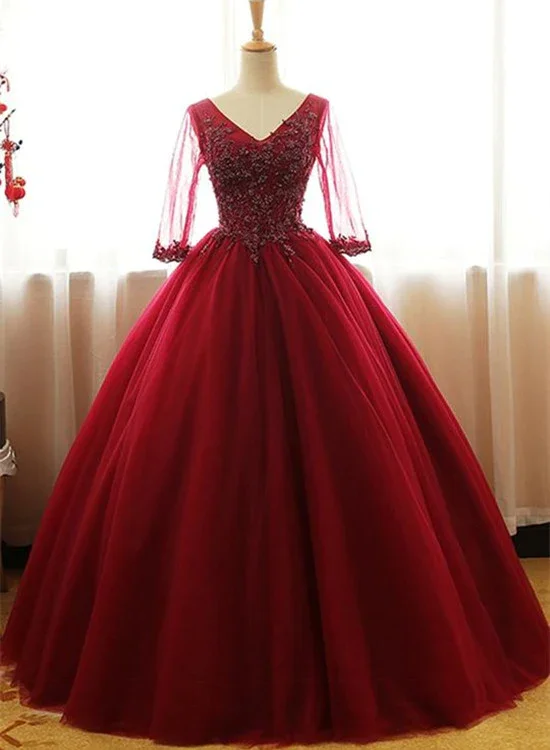 Trendy prom dresses for modern girls-Wine Red 1/2 Sleeves Tulle Formal Gown Long Party Dress gh525 Trendy prom dresses for modern girls-Wine Red 1/2 Sleeves Tulle Formal Gown Long Party Dress gh525