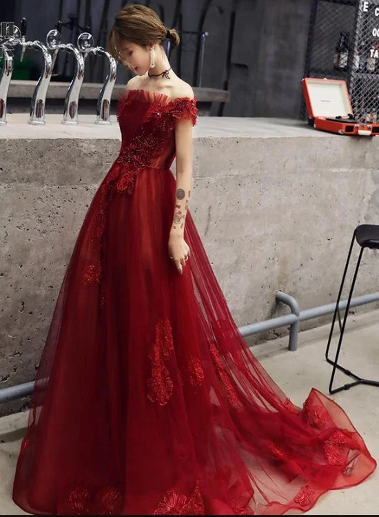 Prom dresses with floral prints-Wine Red Tulle With Beadings And Lace Off Shoulder Evening Gown, Wine Red Prom Dress gh202 Prom dresses with floral prints-Wine Red Tulle With Beadings And Lace Off Shoulder Evening Gown, Wine Red Prom Dress gh202