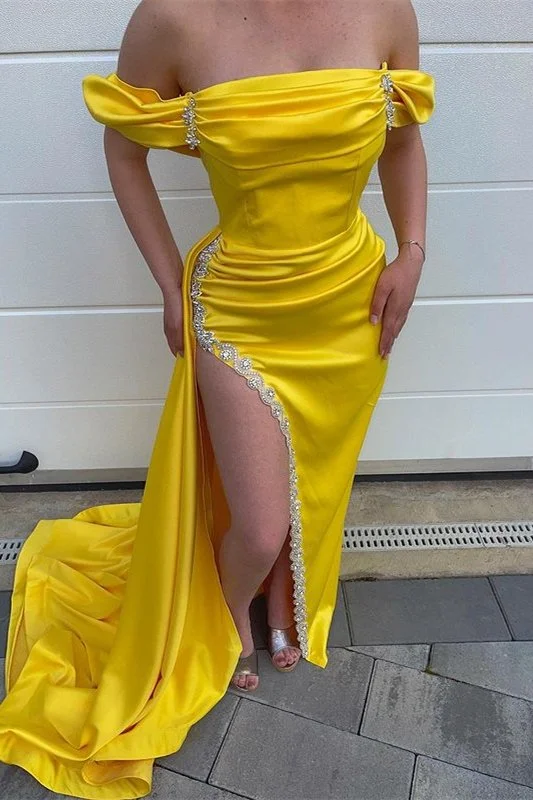 Prom dresses for summer weddings-Yellow Off-the-Shoulder Mermaid Prom Dress Split With Beads gh765 Prom dresses for summer weddings-Yellow Off-the-Shoulder Mermaid Prom Dress Split With Beads gh765