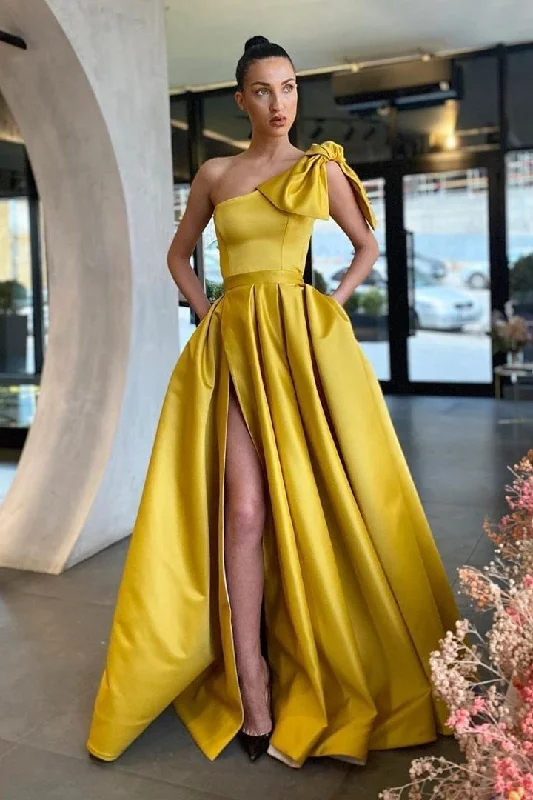 Prom dresses for Easter-Yellow One-Shoulder Prom Dress Split With Pockets gh755