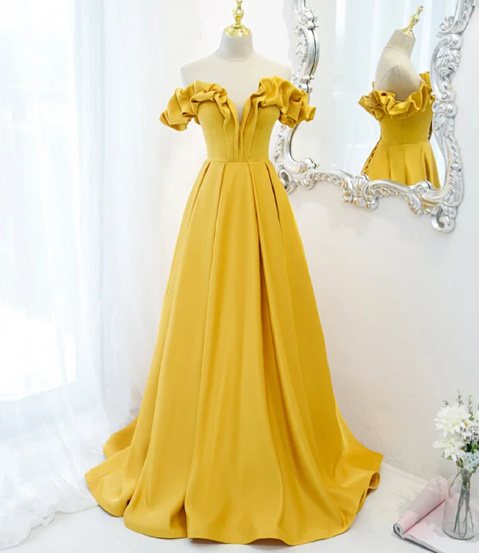 Fit and flare prom dresses for a flattering silhouette-Yellow satin long A line prom dress evening dress 8812 Fit and flare prom dresses for a flattering silhouette-Yellow satin long A line prom dress evening dress 8812