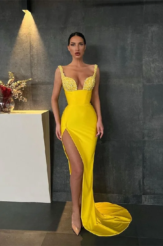 Silk prom dresses for a sophisticated look-Yellow Sequins Straps Mermaid Prom Dress With Slit gh638 Silk prom dresses for a sophisticated look-Yellow Sequins Straps Mermaid Prom Dress With Slit gh638