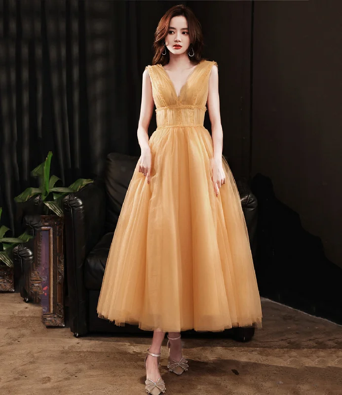 Sparkle in a stunning prom dress-Yellow tulle tea length prom dress evening dress 8780 Sparkle in a stunning prom dress-Yellow tulle tea length prom dress evening dress 8780