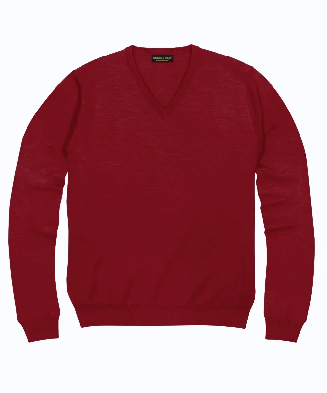 100% Pure Merino Wool Zegna Baruffa V-Neck Sweater - Red