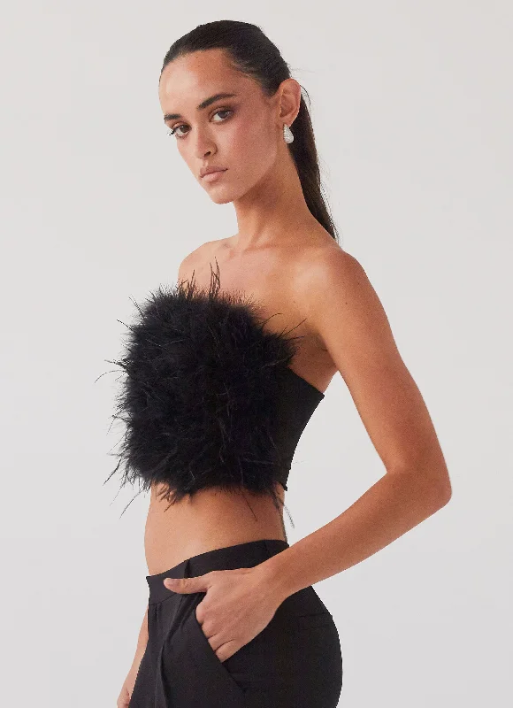 evening dresses with side cutouts-The Night Is Ours Feather Crop Top - Black