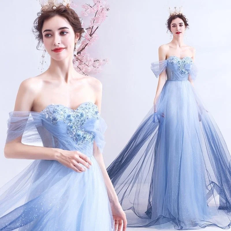 chain belt evening dress styling-Blue Lace Prom Dress, Evening Dress