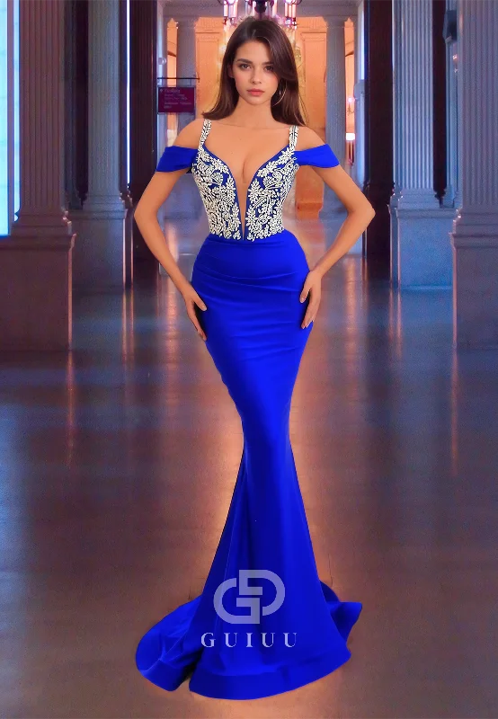 embroidered hem evening dresses-Royal Blue Sheath Off-Shoulder Prom Dress Plunging Illusion Evening Dress with Lace Appliques embroidered hem evening dresses-Royal Blue Sheath Off-Shoulder Prom Dress Plunging Illusion Evening Dress with Lace Appliques