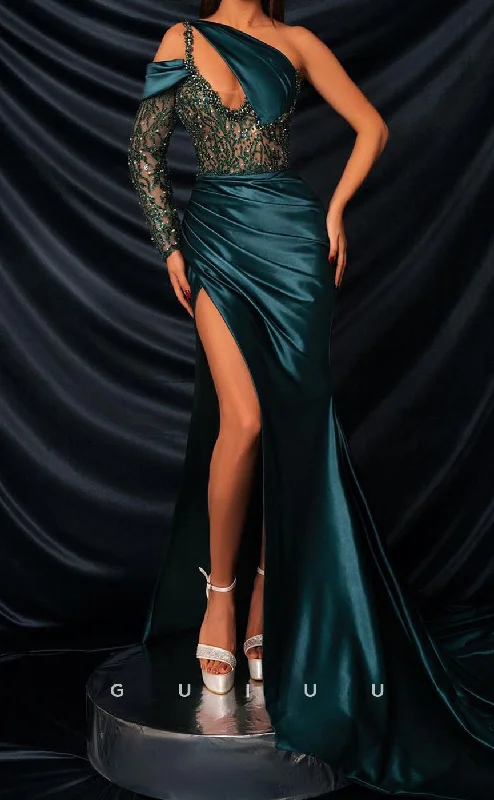 charmeuse fabric evening dresses-G3351 - Sexy & Hot Sheath Sweetheart One Shoulder Court Train High Side Slit Satin Lace Beaded Evening Party Gown charmeuse fabric evening dresses-G3351 - Sexy & Hot Sheath Sweetheart One Shoulder Court Train High Side Slit Satin Lace Beaded Evening Party Gown