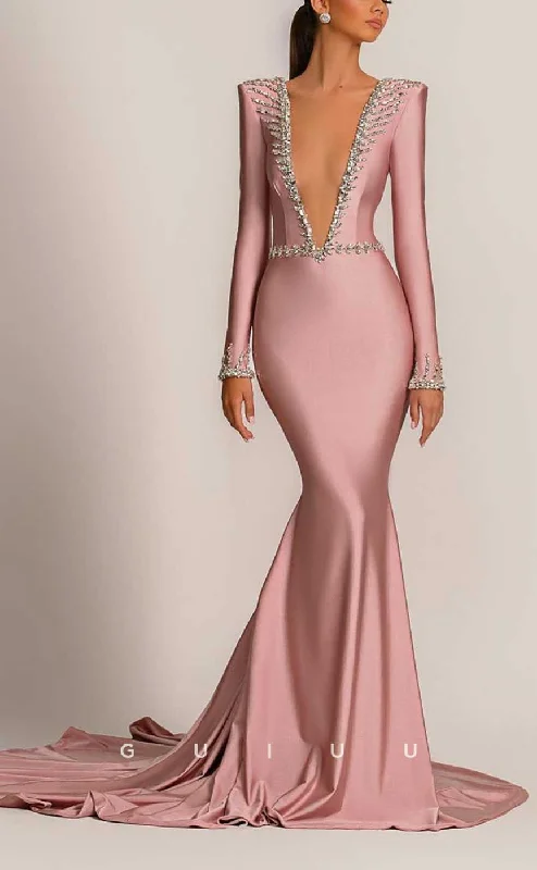 evening gowns with side gathers-G4044 - Chic & Modern Mermaid Plunging V-neck Beaded Evening Party Prom Dress with Long Sleeves and Sweep Train evening gowns with side gathers-G4044 - Chic & Modern Mermaid Plunging V-neck Beaded Evening Party Prom Dress with Long Sleeves and Sweep Train