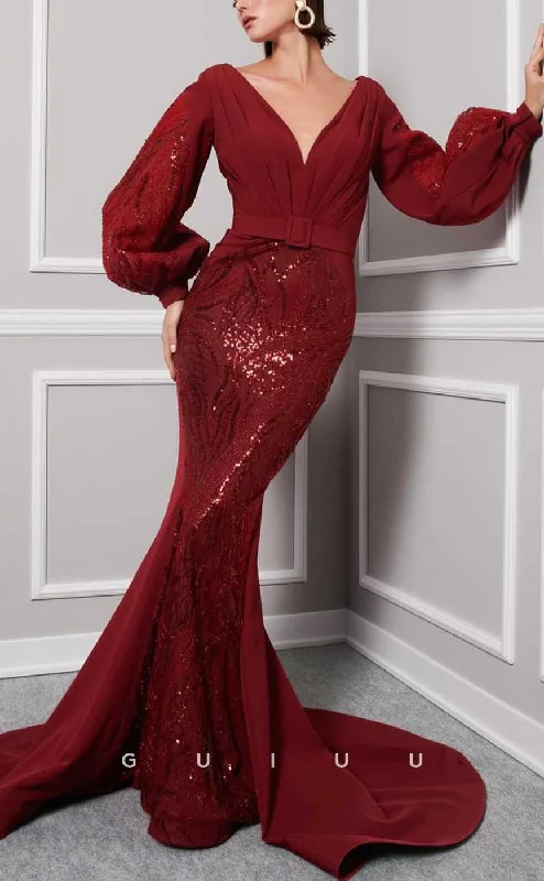 evening dress for leadership dinners-G4051 - Chic & Modern Mermaid V-Neck Sequined and Draped Evening Party Prom Dress with Long Bishop Sleeves and Sash evening dress for leadership dinners-G4051 - Chic & Modern Mermaid V-Neck Sequined and Draped Evening Party Prom Dress with Long Bishop Sleeves and Sash