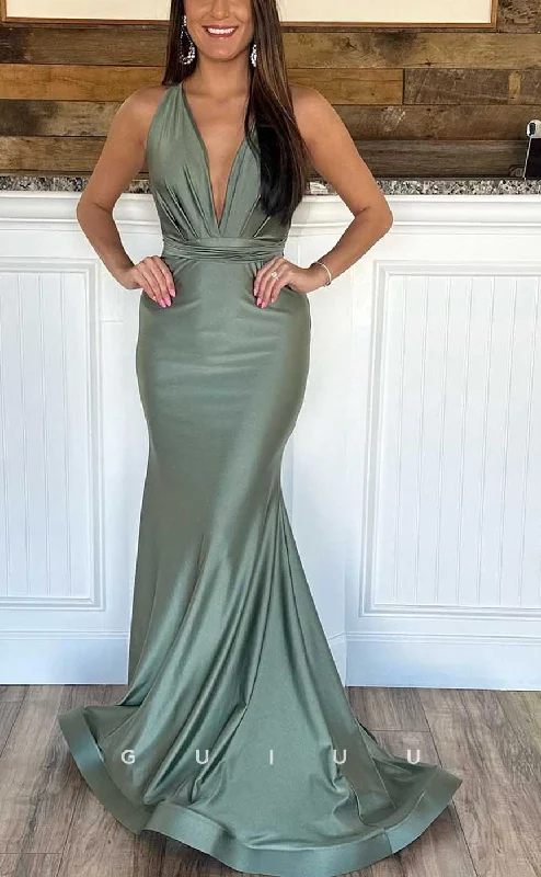evening dress for startup mixers-G4086 - Sexy & Hot Trumpet V-Neck Halter Draped Evening Gown Prom Dress with Sweep Train evening dress for startup mixers-G4086 - Sexy & Hot Trumpet V-Neck Halter Draped Evening Gown Prom Dress with Sweep Train