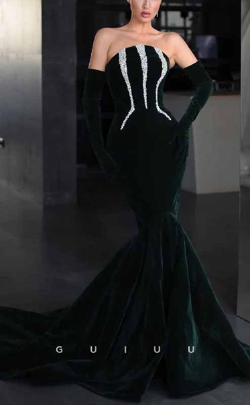 evening gowns with side lace-up-G4109 - Sexy & Hot Mermaid Strapless Beaded and Draped Evening Gown Prom Dress with Long Gloves evening gowns with side lace-up-G4109 - Sexy & Hot Mermaid Strapless Beaded and Draped Evening Gown Prom Dress with Long Gloves