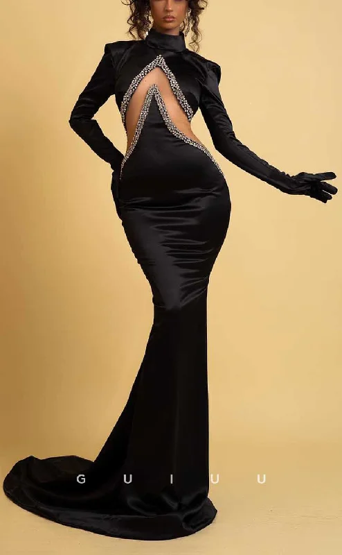 contrast bodice evening dresses-G4127 - Sexy & Hot Mermaid High Neck Cut-Outs Beaded Evening Gown Prom Dress with Long Gloves and Sweep Train contrast bodice evening dresses-G4127 - Sexy & Hot Mermaid High Neck Cut-Outs Beaded Evening Gown Prom Dress with Long Gloves and Sweep Train