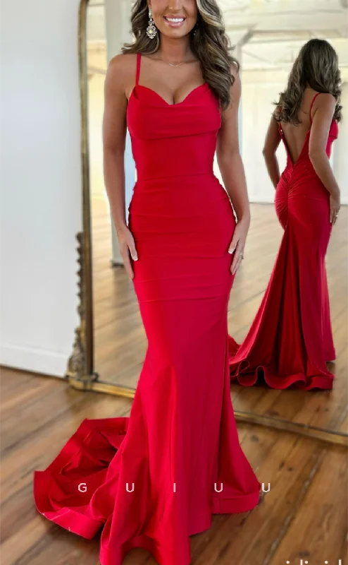 evening gowns with side rosettes-G4152 - Sexy & Hot Mermaid V-Neck Straps Draped Evening Party Prom Dress with Sweep Train evening gowns with side rosettes-G4152 - Sexy & Hot Mermaid V-Neck Straps Draped Evening Party Prom Dress with Sweep Train
