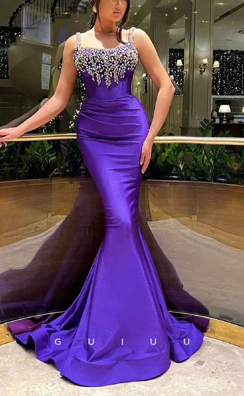 evening gowns with side frills-G4219 - Sexy & Hot Mermaid Square Beaded and Draped Evening Gown Prom Dress with Sweep Train evening gowns with side frills-G4219 - Sexy & Hot Mermaid Square Beaded and Draped Evening Gown Prom Dress with Sweep Train