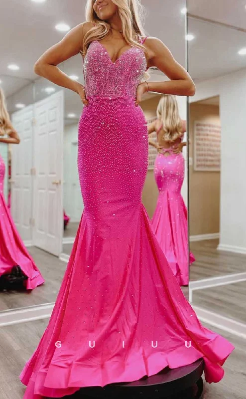 lace-trimmed evening dresses-G4290 - Sexy & Hot Mermaid V-Neck Fully Beaded and Ruched Evening Party Prom Dress with Sweep Train lace-trimmed evening dresses-G4290 - Sexy & Hot Mermaid V-Neck Fully Beaded and Ruched Evening Party Prom Dress with Sweep Train
