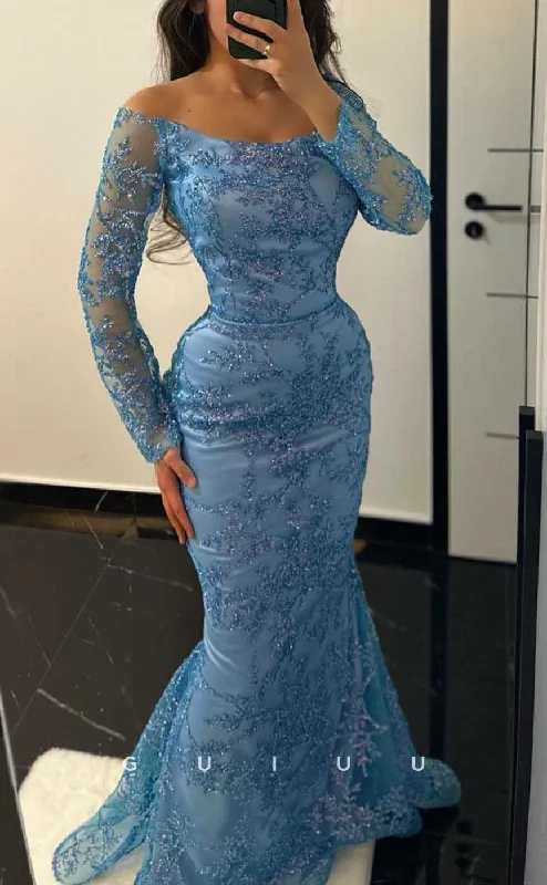 evening gowns with side buttons-G4293 - Chic & Modern Mermaid Off Shoulder Fully Floral Beaded Evening Party Prom Dress with Long Sleeves evening gowns with side buttons-G4293 - Chic & Modern Mermaid Off Shoulder Fully Floral Beaded Evening Party Prom Dress with Long Sleeves