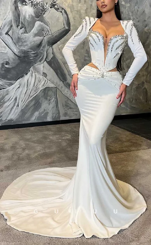 evening dress for tech exhibitions-G4308 - Elegant & Luxurious Mermaid V-Neck Beaded Evening Party Prom Dress with Cut-Outs and Sweep Train evening dress for tech exhibitions-G4308 - Elegant & Luxurious Mermaid V-Neck Beaded Evening Party Prom Dress with Cut-Outs and Sweep Train