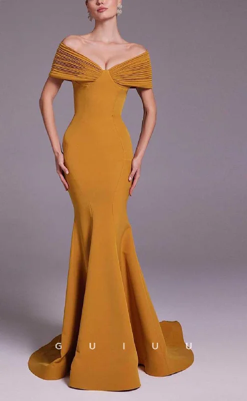 pearl-buttoned evening dresses-G4364 - Sexy & Hot Mermaid Off Shoulder Draped Evening Gown Prom Dress with Sweep Train pearl-buttoned evening dresses-G4364 - Sexy & Hot Mermaid Off Shoulder Draped Evening Gown Prom Dress with Sweep Train
